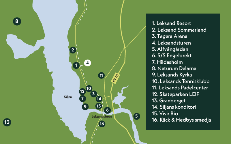Att göra med barn i Leksand – karta över Leksand med platser för barn- och familjeaktiviteter utmärkta. 